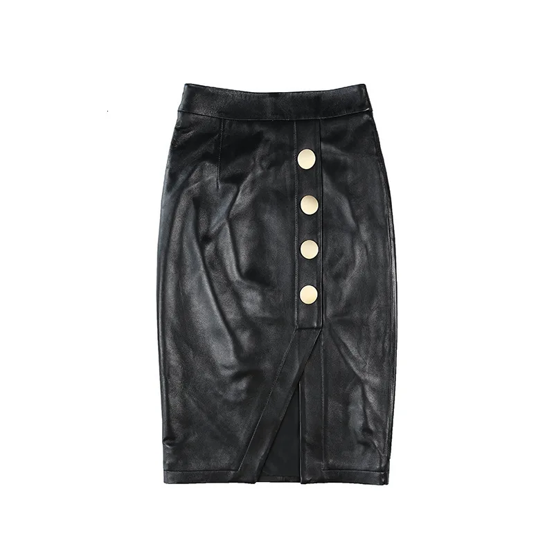 

Genuine Leather Skirt Women Natural Real Sheepskin High Waist Fashion Ladies White Black Midi Straight Skirts Buttons Designs