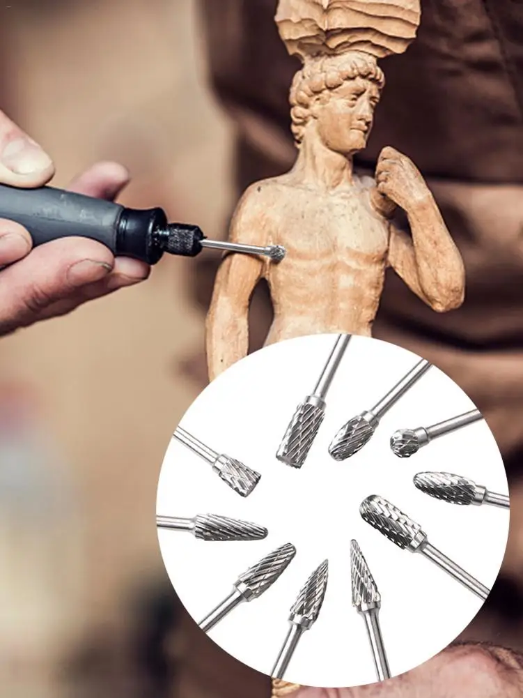 

Double-cut Carbide Rotating Burr Set 10 PCS Various Shaped Tungsten Carbide Engraving Bits For Polishing Carving Drilling Grind