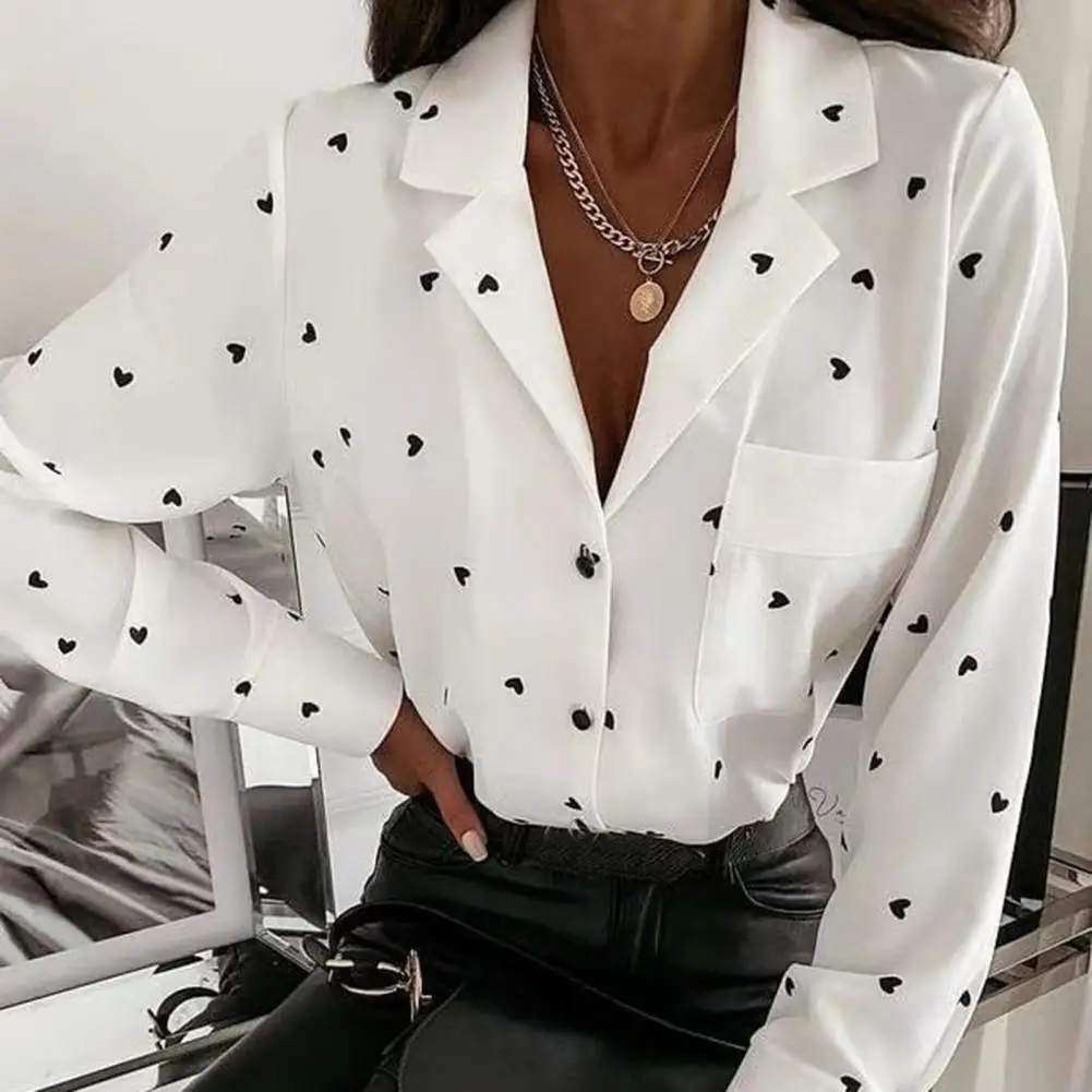 

Elegant Heart Print Women's Blouses Shirts Sexy V-Neck Office Lady Pocket Shirt Tops Fashion Button Loose Long Sleeve Blusas 3XL