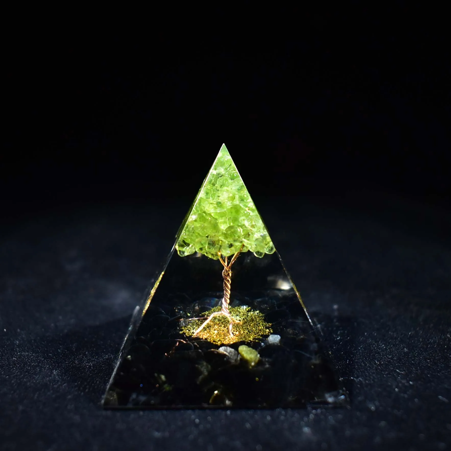 

Pyramid olivine crystal Tree of Life blue copper and wire crystal reiki heal organs with crystalline electromagnetic field prote