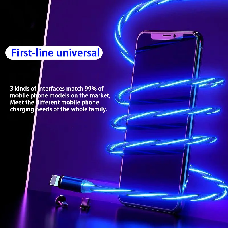 baixin Flowing Light Magnetic Charging Mobile Phone Cable for iphone charger Wire for Samaung LED Micro USB Type C