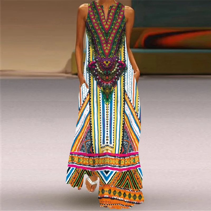 

Ethnic Style Long Casual Loose Plus Summer Women's Dress 2021 Size Dresses Summer Beach Woman Sleeveless Girls Maxi Dress Women