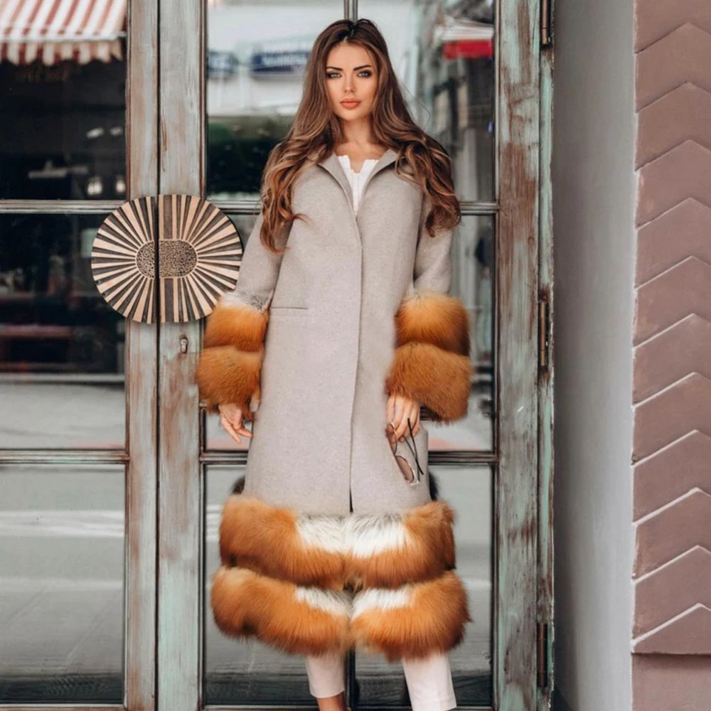 120cm Long Natural Fur Coats For Women Winter Outwear 2022 Trendy Cashmere Coat With Fox Fur Sleeve Cuffs And Bottoms Overcoats enlarge