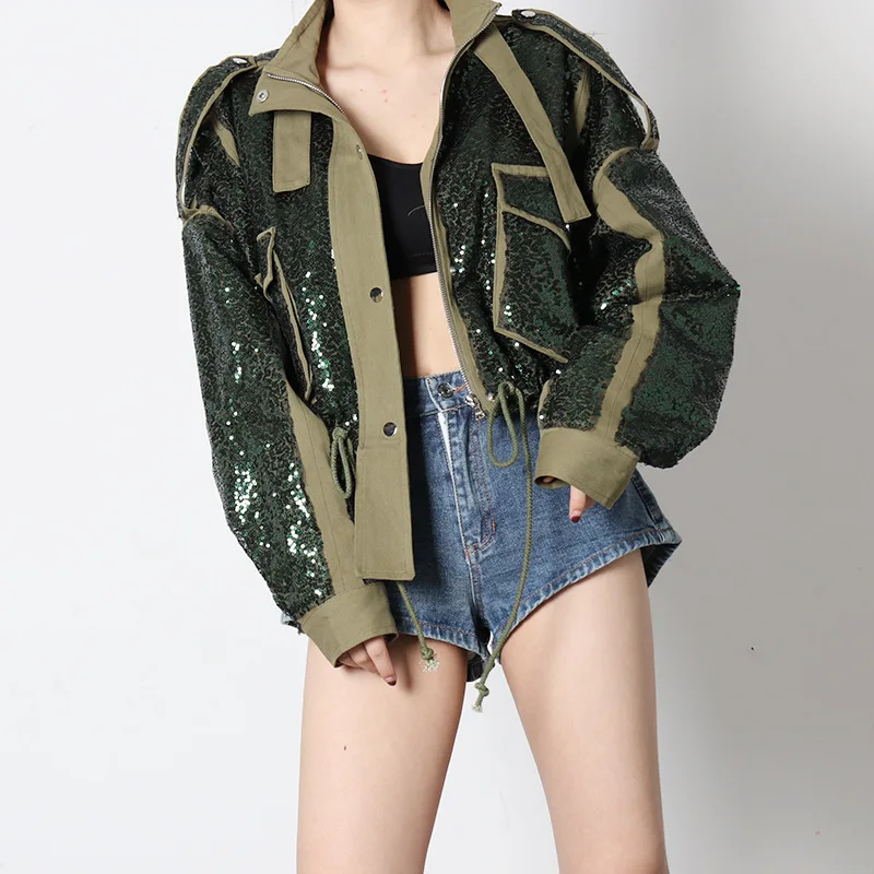 

Fashion Sequins Patchwork Women Jackets Real Pictures Pockets Long Sleeves Zipper Turn Down Neck Short Coats Female 2021 Autumn