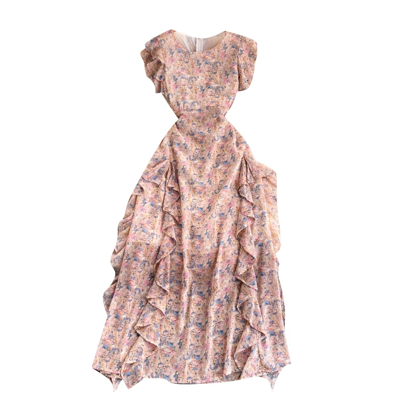 

Aibeautyer Summer Bohemian Print Vacation Long Sundress Women Chiffon Floral Dress Korean Style Sweet A-line Ruffles Dresses