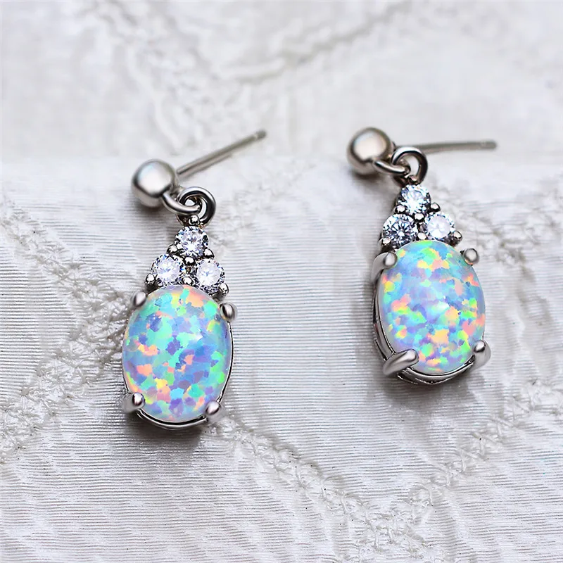 

Cute Female Blue White Opal Stud Earring Charm Silver Color Wedding Earrings Luxury Opal Crystal Stone Earrings For Women