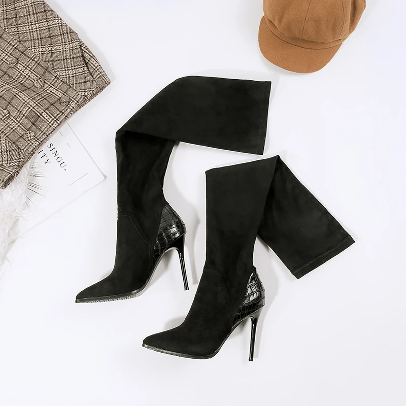 2019 г. новые зимние женские ботфорты из флока на шпильках Роскошные Дизайнерские