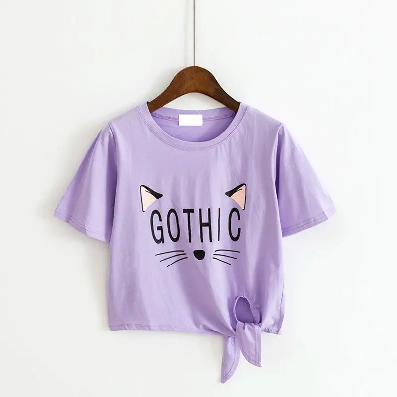 Женский хлопковый укороченный топ с принтом кошки черная Повседневная Базовая