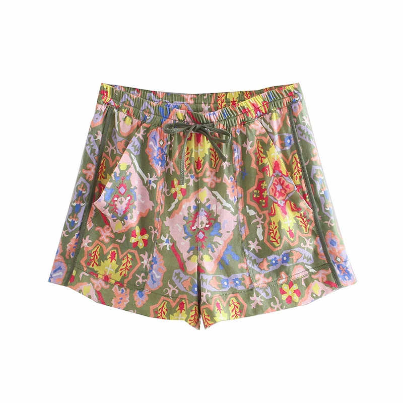 

Za 2021 Women Fashion Print Sets Loose Blouse and Shorts Suit 2 Pieces Sets Long Sleeve Shirt Elastic Waist Shorts OZZ1189