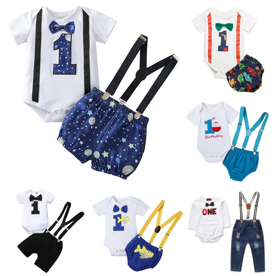 

Baby Boy Clothes One Year Birthday Baby Costume Boys 1st Gentleman Tie Romper Straps Shorts Toddler Baby Clothing Set Outfits