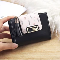 fashion women short floral hasp wallet female tassel metal leaves zipper coin purses ladies solid color card holder money clip