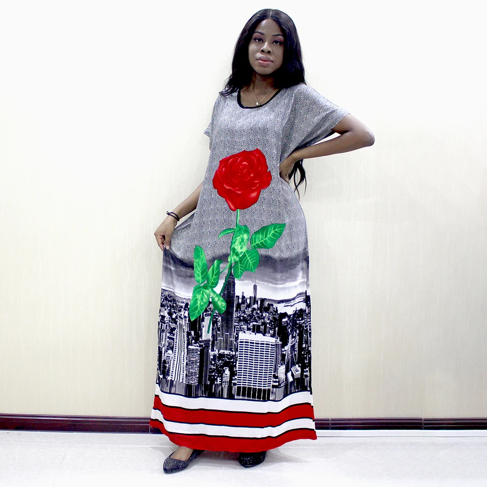 Женское платье с круглым вырезом и принтом красной розы Длинное свободное