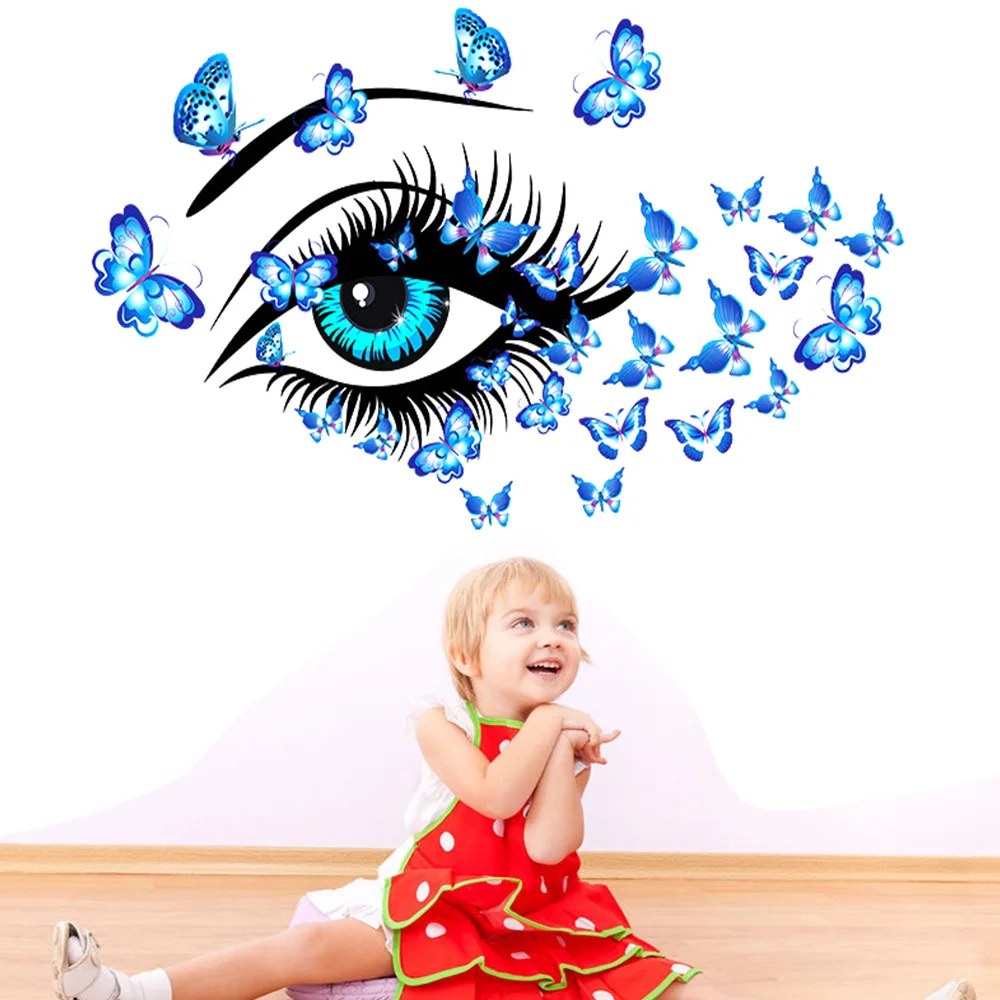 

Blue beauty eyes and butterflies Wall Sticker Living room bedroom decorations wallpaper Mural Removable PVC stickers art decals