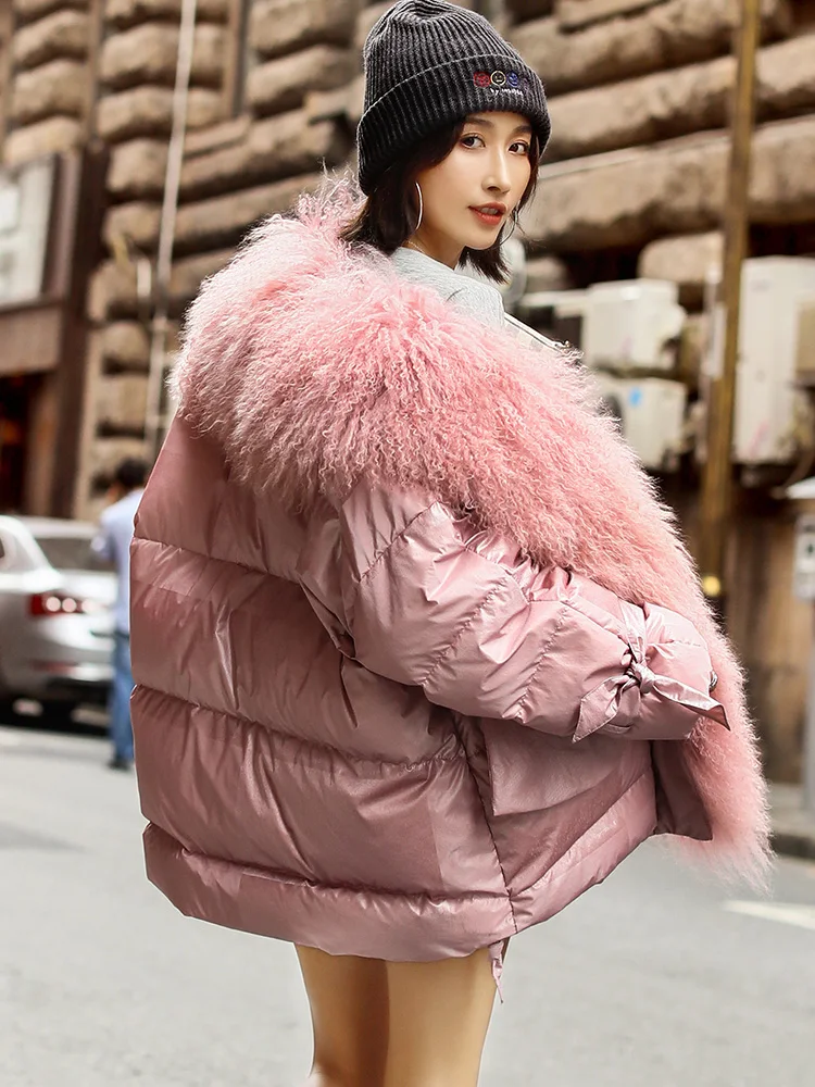 Натуральный мех пальто Женская зимняя обувь большие шерстяные меховой воротник