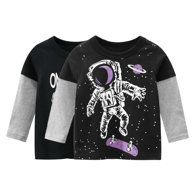 Camiseta de algod&oacute;n con estampado de dibujos animados para ni&ntilde;os, ropa de Oto&ntilde;o de 2 a 9 a&ntilde;os con estampado de astronauta y coche-0