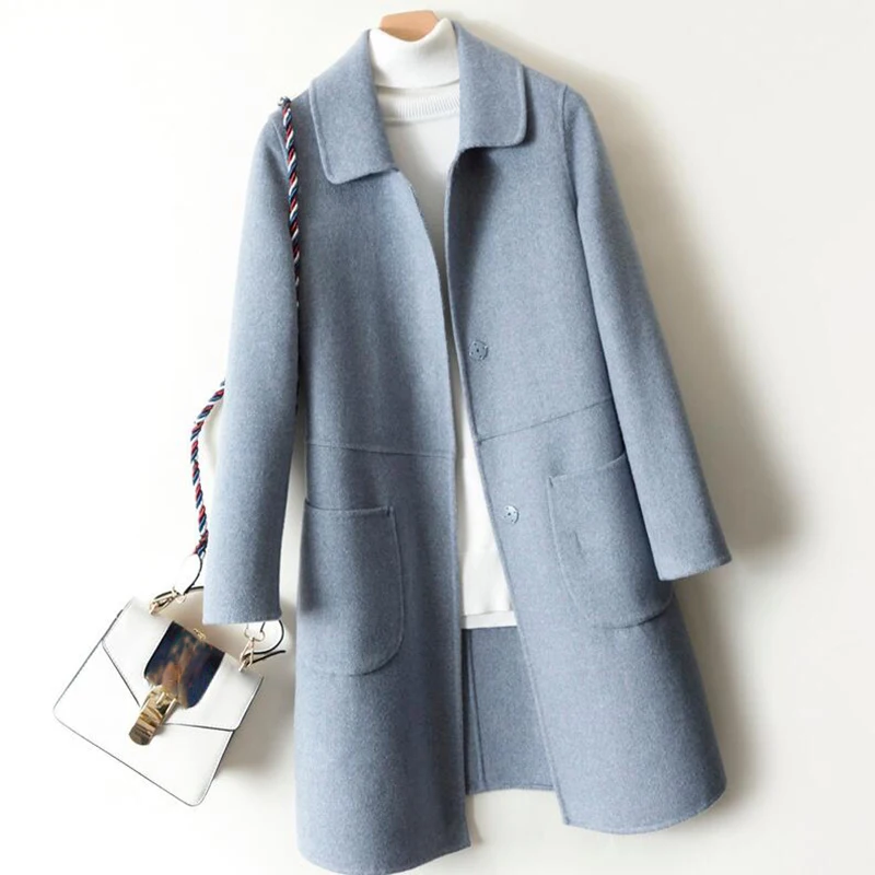 Женское двустороннее кашемировое пальто приталенная Длинная шерстяная куртка в