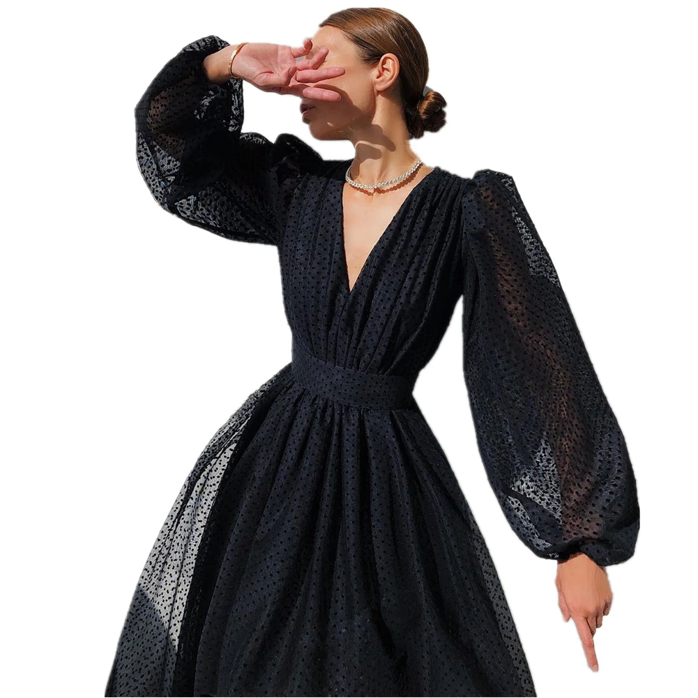 

Женское Сетчатое платье-макси в горошек, элегантное пляжное платье-трапеция с длинными рукавами-фонариками, V-образным вырезом и высокой та...