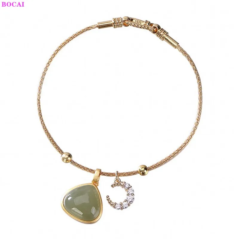 

BOCAI 925 Sterling Silver Bracelets Personality Moon Hetian Jade Thai Silver Hand Chain Pure Argentum Gemstone Women's Bangle