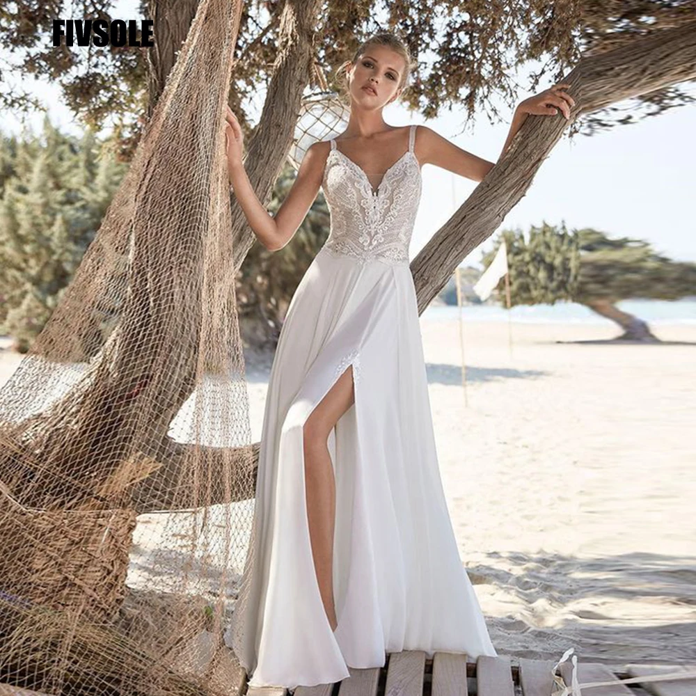 

Fivsole Boho Wedding Dress Sexy Side Slit Beach Wedding Dress V-Neck Bride Dress Spaghetti Straps Weeding Gowns Vestido De Noiva