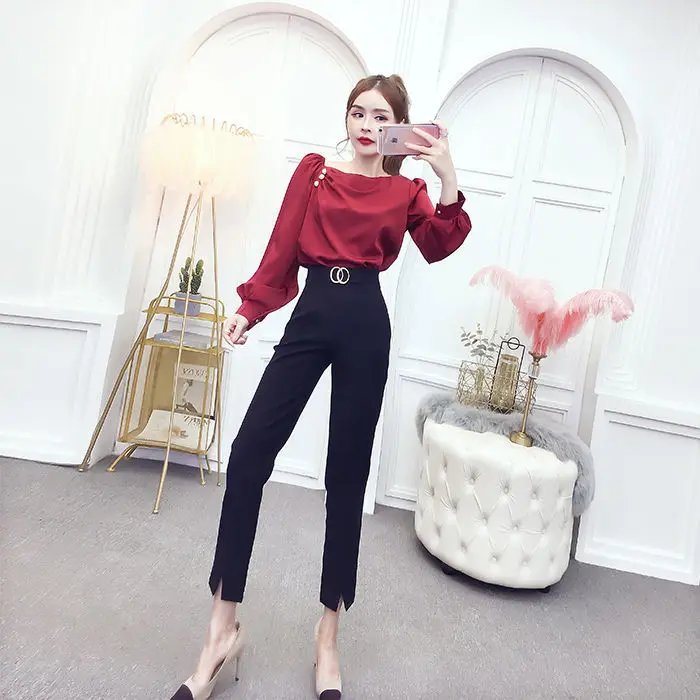 

Women 2021 Spring Fashion Two Piece Sets Female Long Sleeve Pullover Shirts Ladies New High Waist Slim Pencil Pants Suits T263