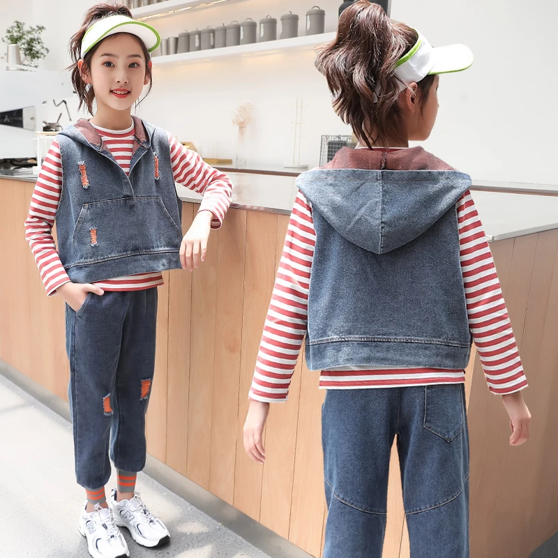 

IENENS детские джинсовые Комплекты одежды для больших мальчиков; Комплект из футболки с принтом + жилет с капюшоном + джинсы, 3 вещи в комплекте, ...