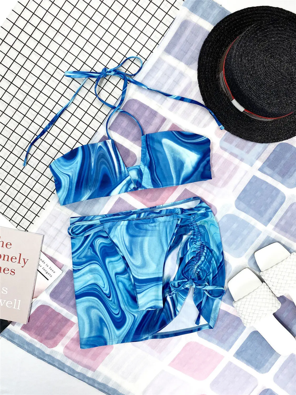 

2021 Summer New Sexy Three Piece Women Print Bikini Swimsuit Swimwear Bandeau Bra