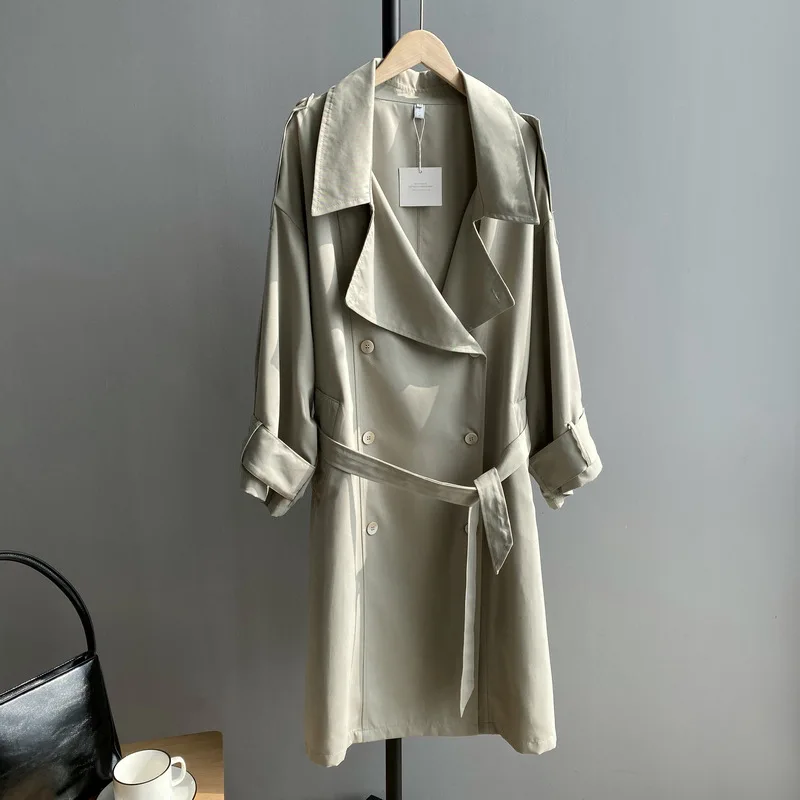 

Breasted Women Single Solid Medium Long Windbreaker Female Turndown Collar Belt Slim Jacket Ladys Loose Coats