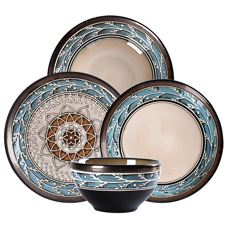 

European Style Retro Round Steak Plate Kiln Change Glaze Hand-Painted Ceramic Tableware Set Home Kitchen Rice Soup Bowl