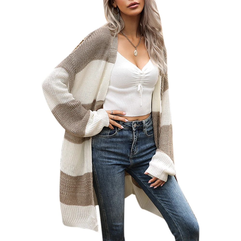

Cardigan Women Color Block Knitted Overcoat Mid Length Sweater Coat Warm Casual Outwear Cardigans