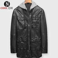fashion spring autumn male sheepskin medium length trench coats hooded pockets slim fit mens genuine leather jackets plus size