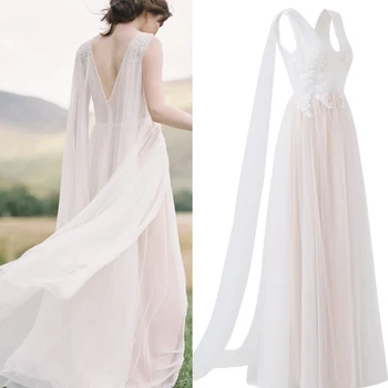 1176#V-Neck Sleeveless V-Neck Open Back  Floor Length Lace Boho  Beach Bridal Wedding Dress with Tippet 100% Real Sample Photo
