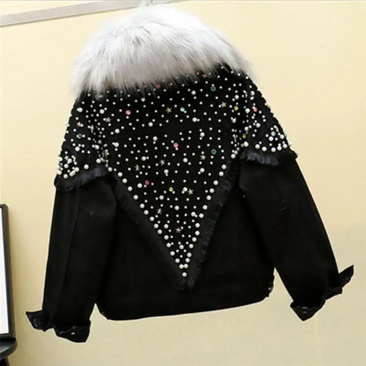 black coat gray fur Зимняя женская джинсовая куртка с мехом, Женская парка, новинка, черное джинсовое пальто женское джинсовое пальто с заклепками и стразами, шерстяная подкладка - Цвет: black coat gray fur