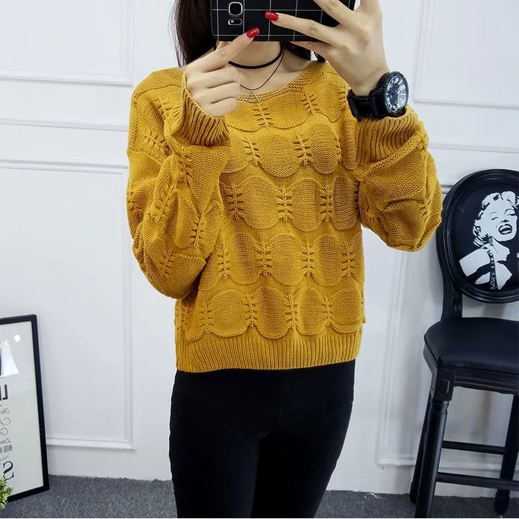 

Spring and Autumn Candy-Colored round Neck Loose Short Long-Sleeved Pullover Solid Color Sweater Top Cotton Knitwear Women