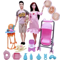 fashion 4 person family combination pregnancy activity barbies doll baby stroller childrens toys girl accessories best gifts