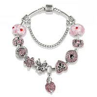 disney cartoon mickey minnie mouse bracelet simple pink bow pendant crystal bracelet diy classic bead jewelry bracelet gifts