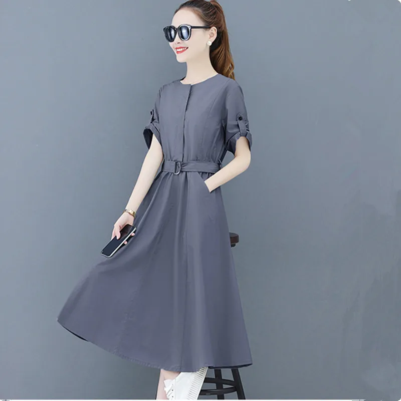 

UHYTGF Dress Women Short Sleeve High Waist Summer Dress O Neck Pullover Vintage Long Dresses Korean Loose 3XLPlus Size Clothes 1