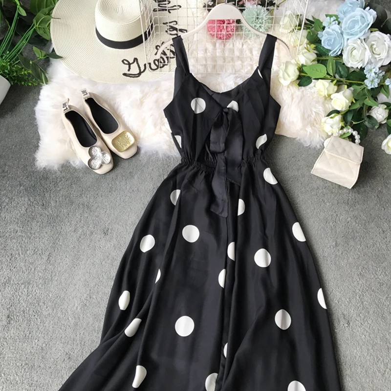 Платье женское длинное с принтом в горошек из шифона без рукавов открытой