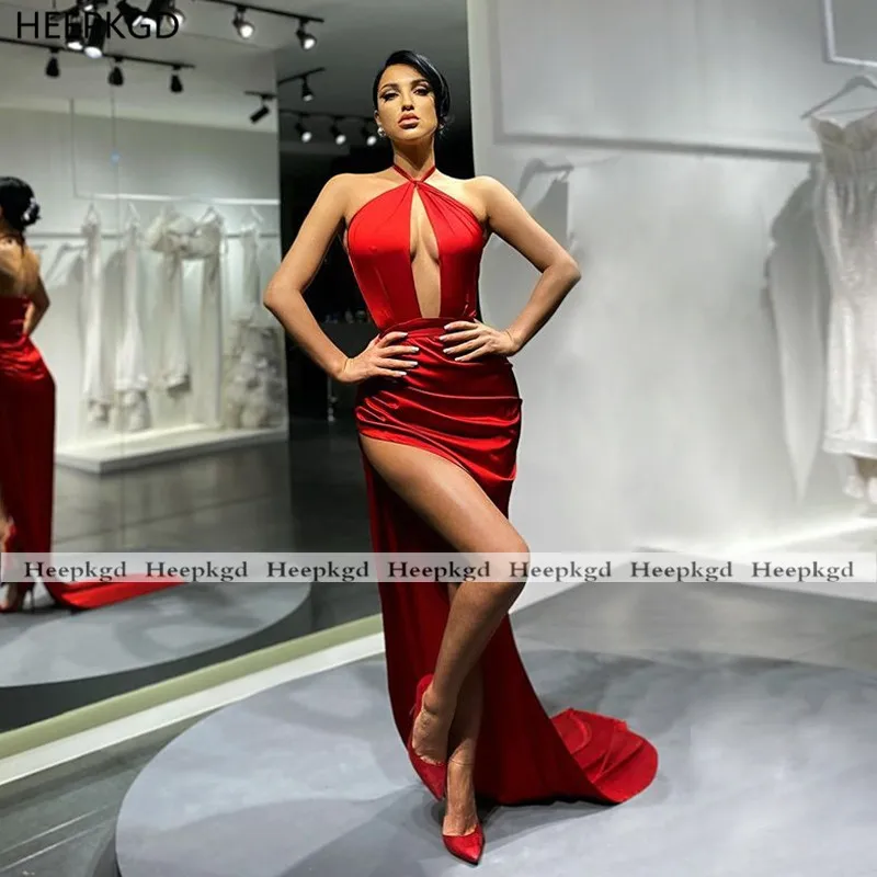 

Backless Hot Red Long Evening Dress Halter Pleats Satin High Slit Sexy 2021 Special Occasion Wedding Party Evening Formal Gowns