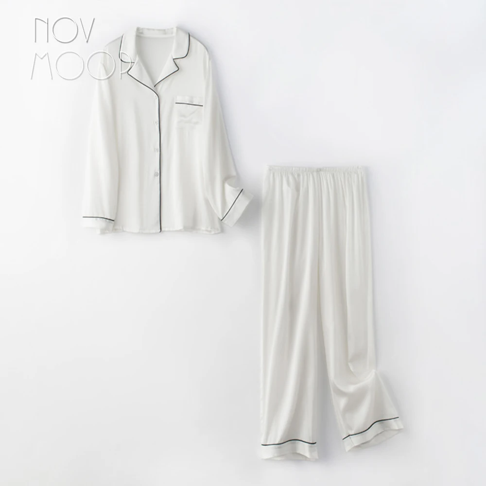 Novmoop Korean elegant fashion style stretch silk full sleeve shirt and pants women summer sleeping pajamas two sets LT3103