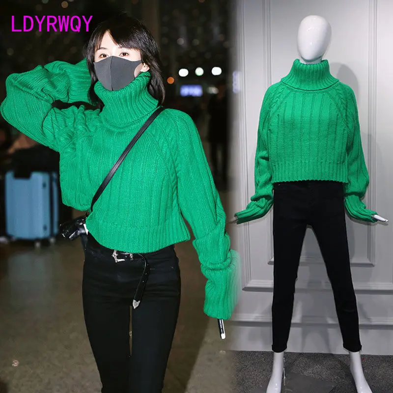 

2021Green twist thick thread turtleneck sweater women winter thick short pullover slim knit sweater