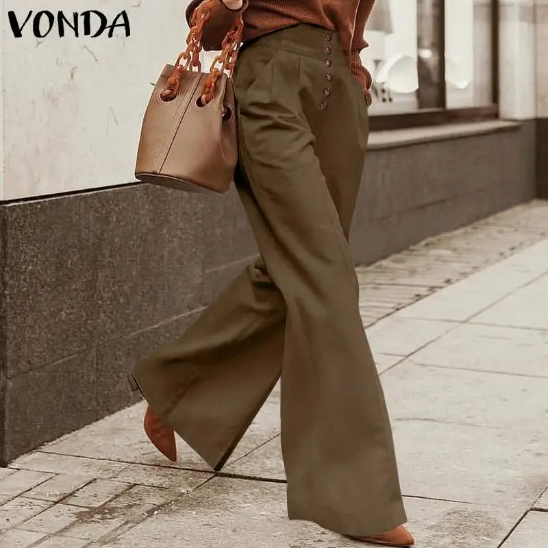 

2022 VONDA Autumn Women Long Trousers Solid Casual Long Pants High Waist Buttons Loose Party Fashion Pantalon Femme Streetwears