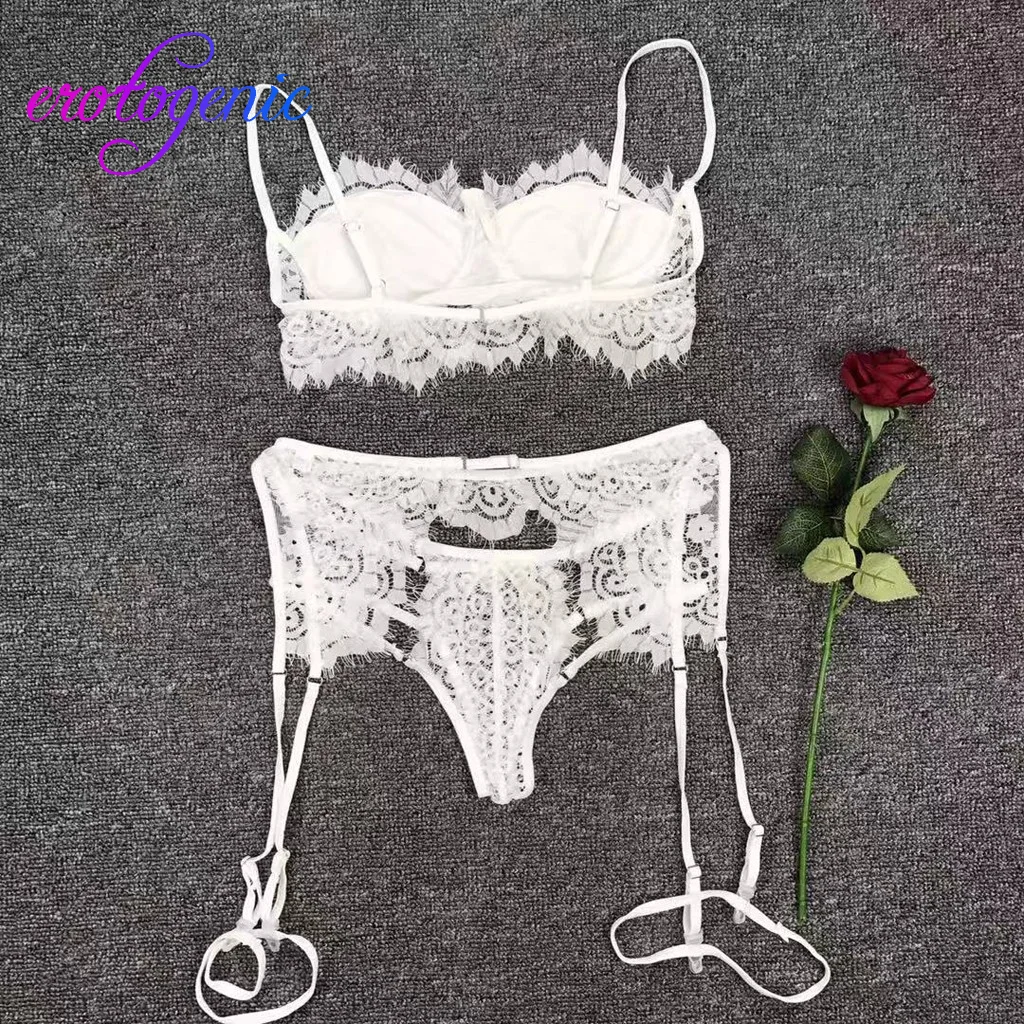 Micro Bikini Sex Shop Lenceria 3PC Women Lace Sexy Lingerie Straps Bra and Panty Garter Set Underwear Babydoll Mujer | Тематическая