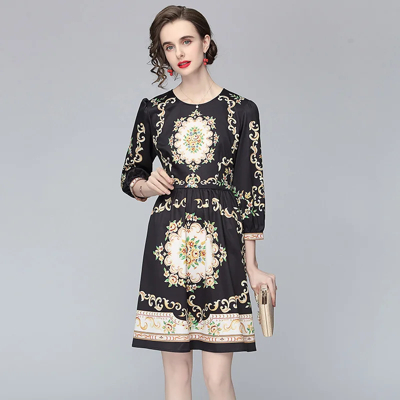 

2022 Spring and Summer New Fashion Vestidos Female Round Neck Puff Sleeve Temperament Retro Printed French Mini Dress DK004