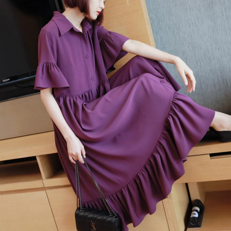 2020 летнее фиолетовое платье для женщин с коротким рукавом и рюшами хлопковое