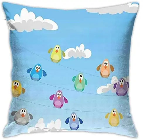 

Personalized Abraction Flock of Colorful Funny Cartoon Birds Perching On Cables Nursery Print Decorative Pillow Cover Printed