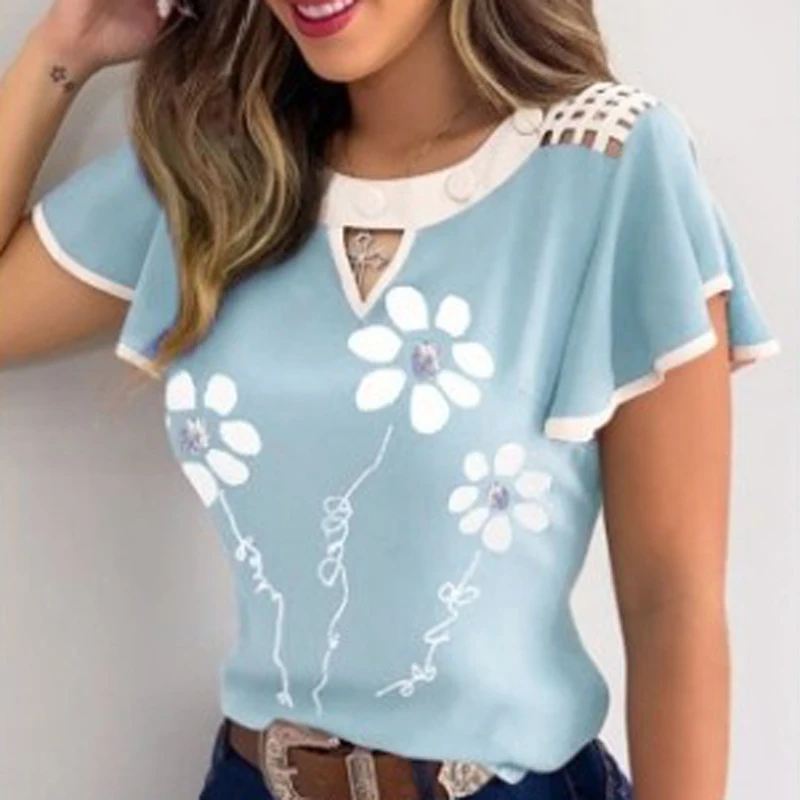 

Women Elegant Butterfly Short Sleeves Blouse Shirts New Style Summer O Neck Solid Ruffle Tops Casual Hollow Out Loose Pullover