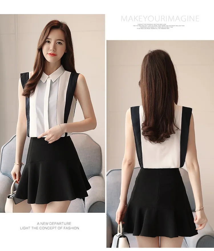 

Houthion Women's Blouses Sleeveless Top O-neck Stripes Blouse Chiffon Fashion Cloth Casual Summer Womans Tops Regular