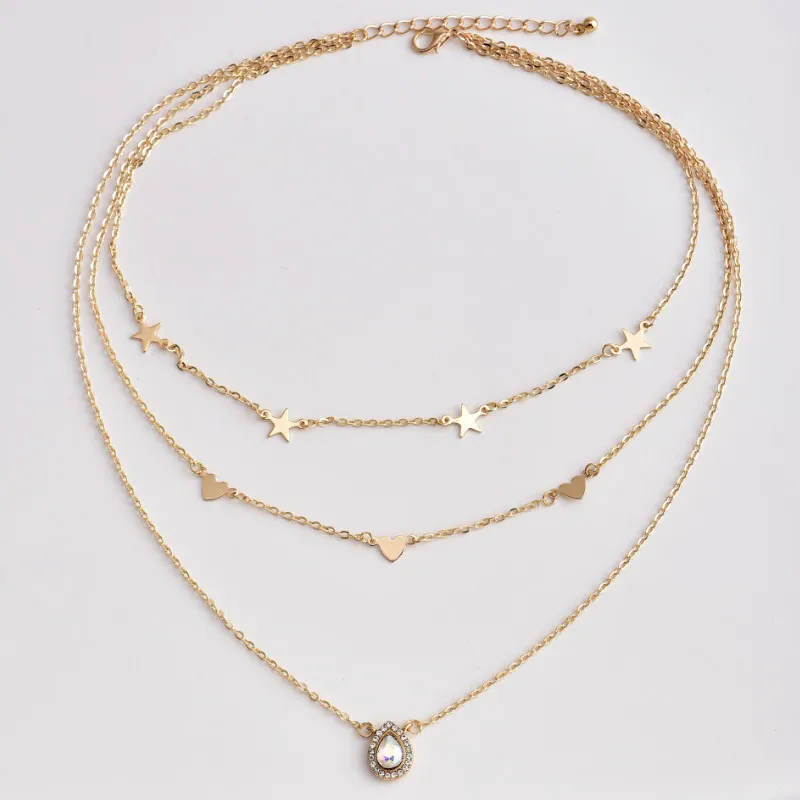

2021 Trendy Women Multilayer Star Peach Heart Full Diamond Necklace Party Jewelry Gift