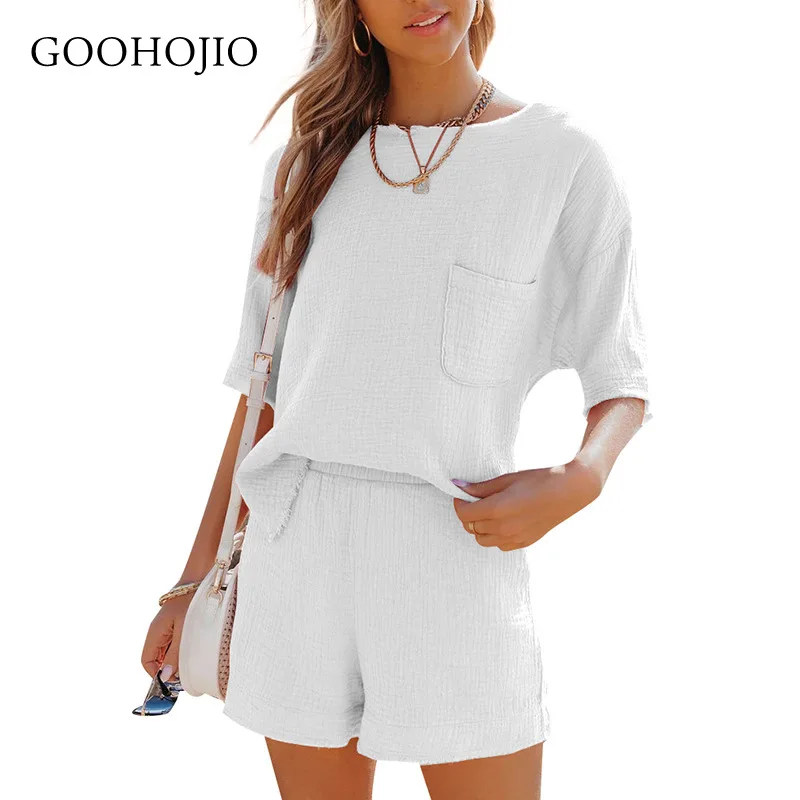 

GOOHOJIO 2021 New Spring Autumn Pure Color Cotton Linen Sets Women Short Sleeve Two-piece Suit Comfortable Pocket Women Home Set