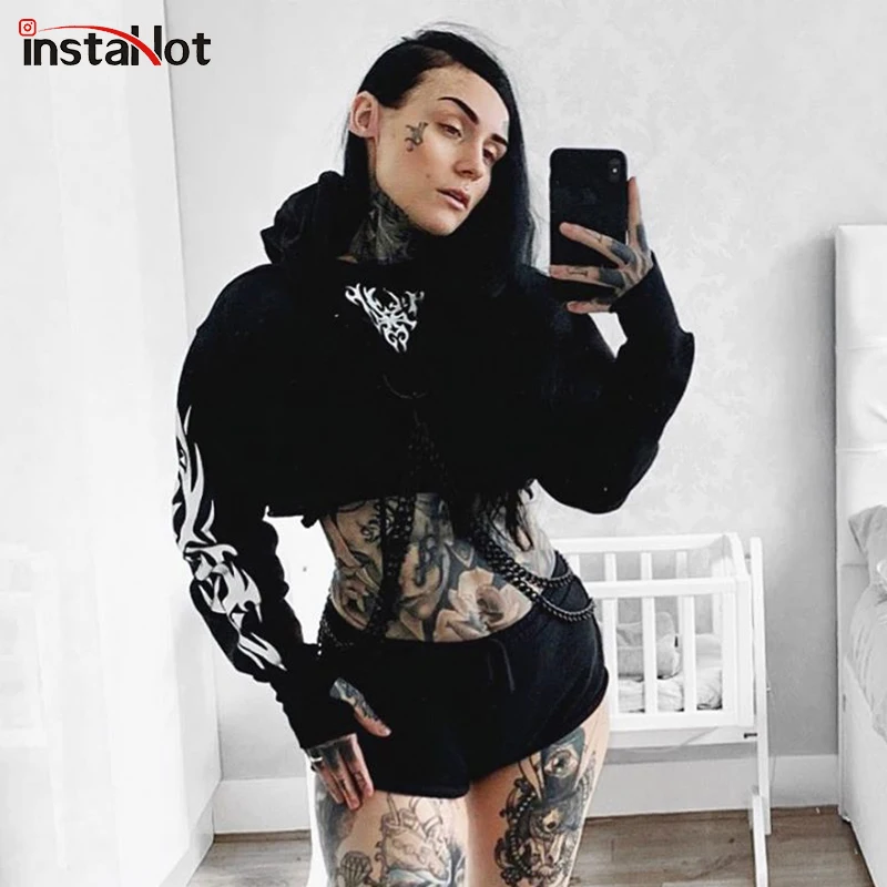 InstaHot/черные толстовки с цепочкой и отражающим рисунком вспышки, женский укороченный топ в готическом стиле, панк, уличная одежда с капюшоном, Осенний топ с длинными рукавами